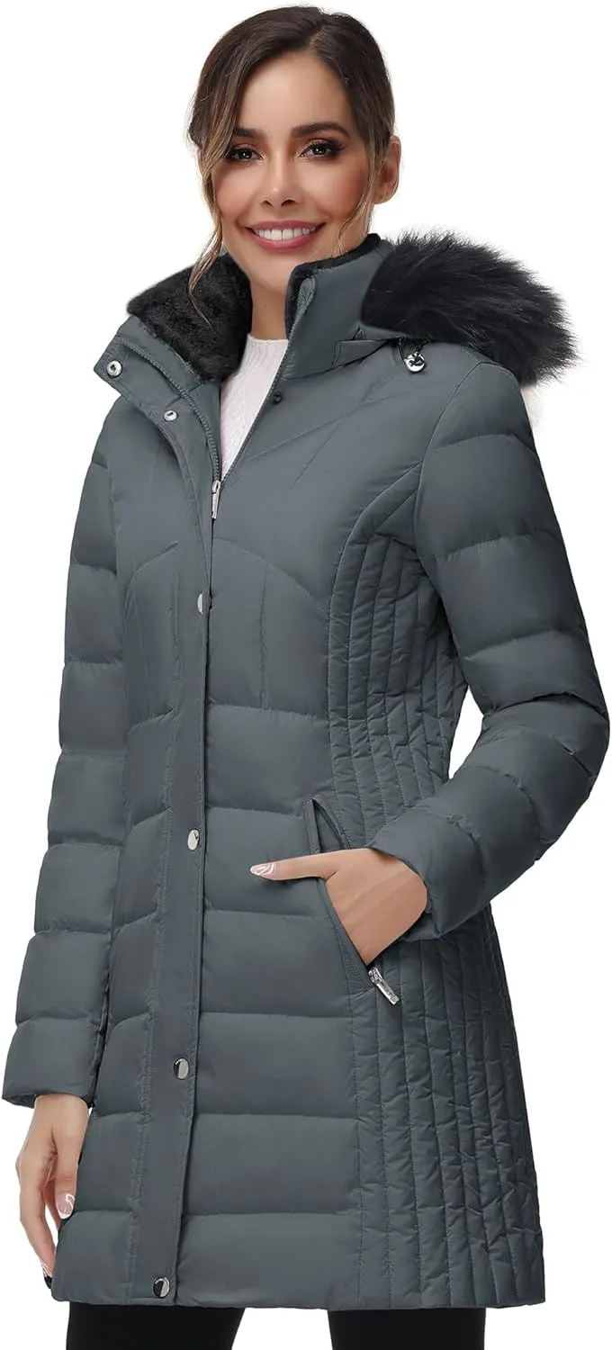 SLOW DOWN Women Winter Down Puffer Coat Warm Hooded Mid-Length Down Jacket for Women with Faux Fur Trim Hood and Pile Collar