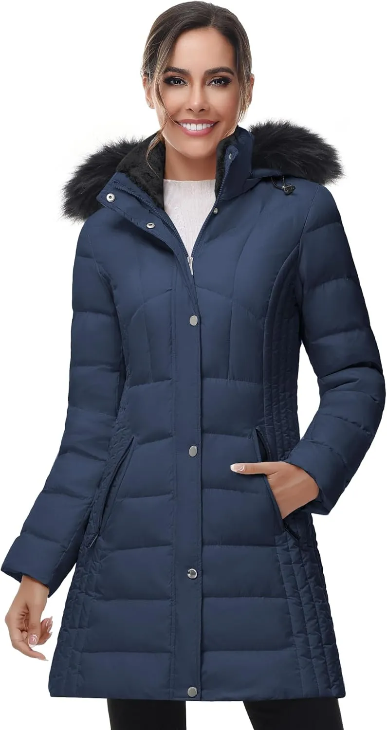 SLOW DOWN Women Winter Down Puffer Coat Warm Hooded Mid-Length Down Jacket for Women with Faux Fur Trim Hood and Pile Collar
