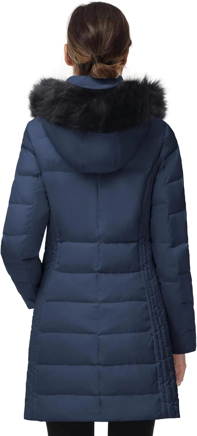 SLOW DOWN Women Winter Down Puffer Coat Warm Hooded Mid-Length Down Jacket for Women with Faux Fur Trim Hood and Pile Collar