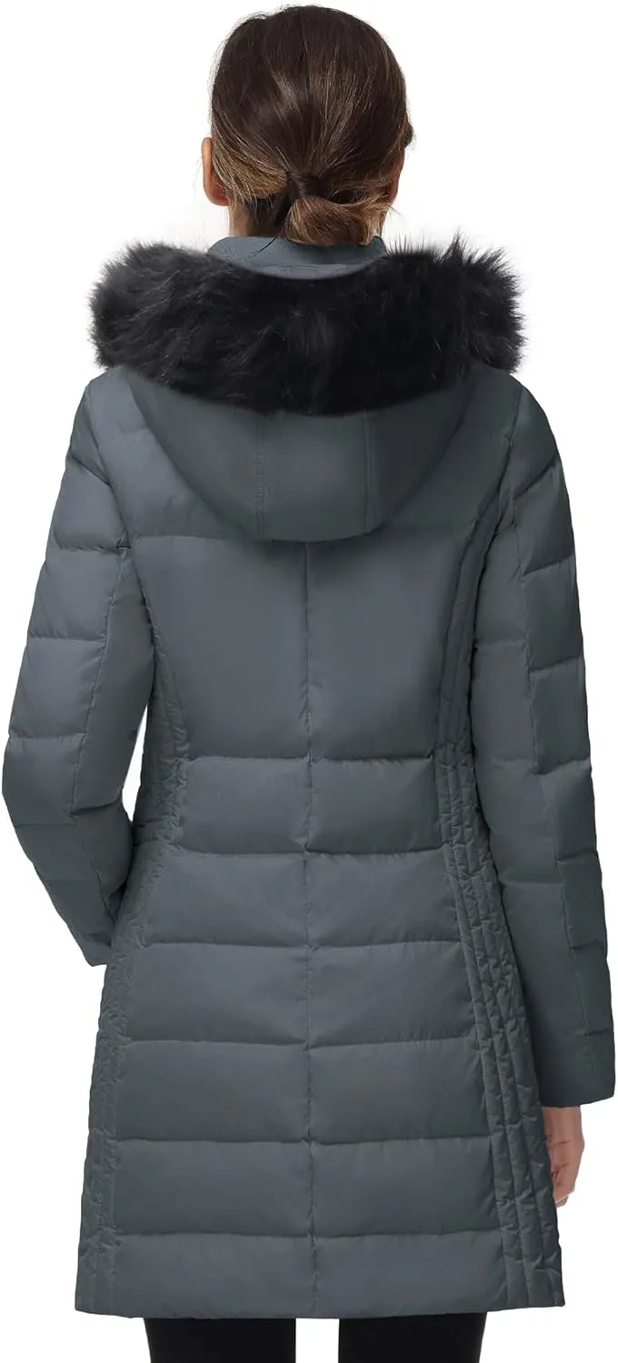 SLOW DOWN Women Winter Down Puffer Coat Warm Hooded Mid-Length Down Jacket for Women with Faux Fur Trim Hood and Pile Collar