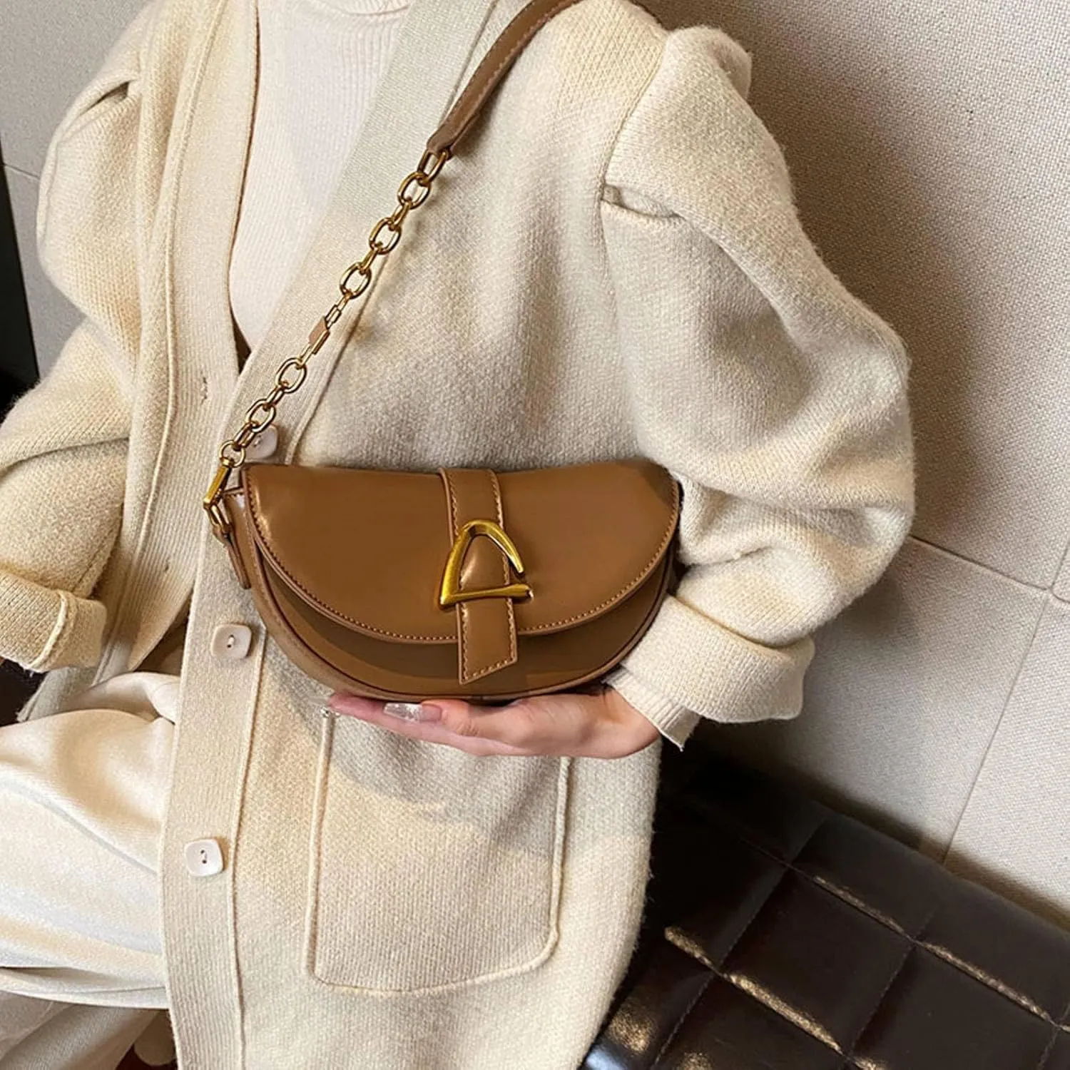 Small Leather Saddle Armpit Bags For Women Summer Chain Shoulder Crossbody Bag Ladies Vintage Underarm Handbags Bolsa