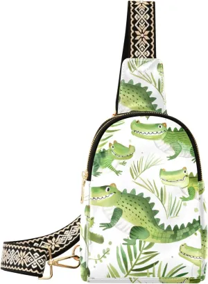 Small Sling Bag for Women Cartoon Crocodiles Pattern Leather Crossbody Bags Chest Bag Waist Packs