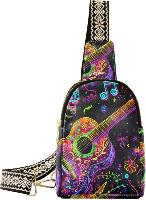 Small Sling Bag for Women Neon Guitar Skull Leather Crossbody Bags Chest Bag Waist Packs