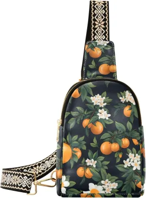Small Sling Bag for Women Orange Fruit Leaves Leather Crossbody Bags Chest Bag Waist Packs
