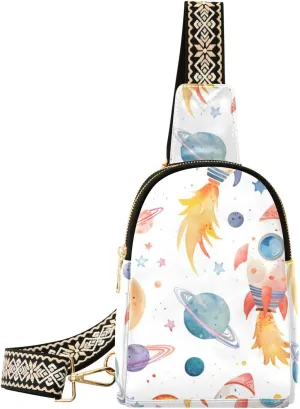 Small Sling Bag for Women Outer Space Rocket Planets Leather Crossbody Bags Chest Bag Waist Packs