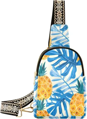 Small Sling Bag for Women Pineapple Monstera Leaves Leather Crossbody Bags Chest Bag Waist Packs