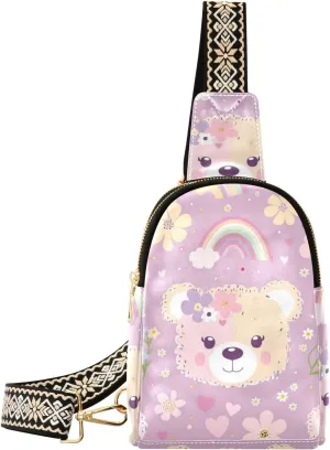 Small Sling Bag for Women Pink Rainbow Bear Leather Crossbody Bags Chest Bag Waist Packs