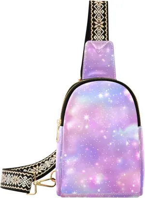 Small Sling Bag for Women Pink Sky with Stars Bokeh Leather Crossbody Bags Chest Bag Waist Packs