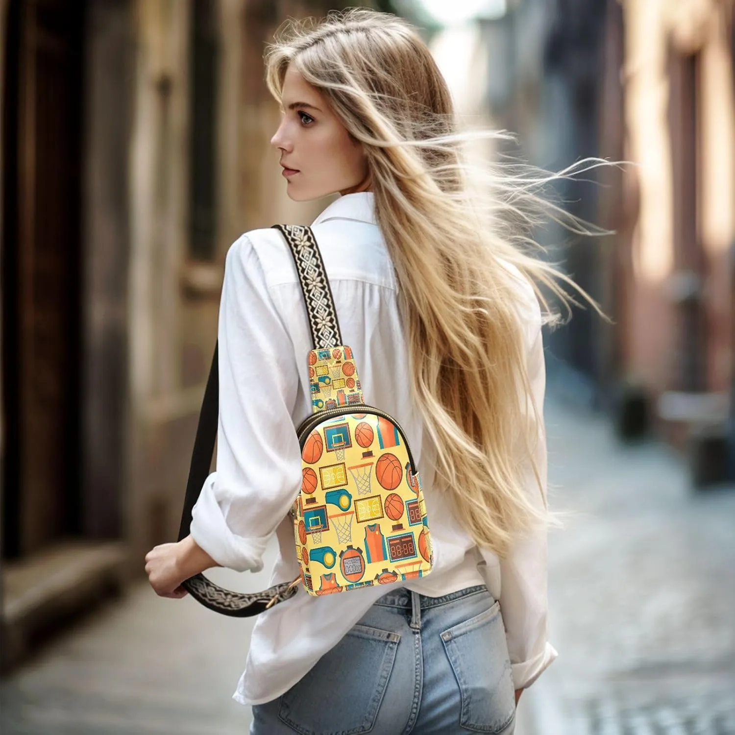 Small Sling Bag for Women Sports Pattern with Basketball Leather Fanny Pack Crossbody Bag Retro Style Chest Bag Trendy Fashion Waist Packs for Outdoor Travel Sports Hiking Outfit
