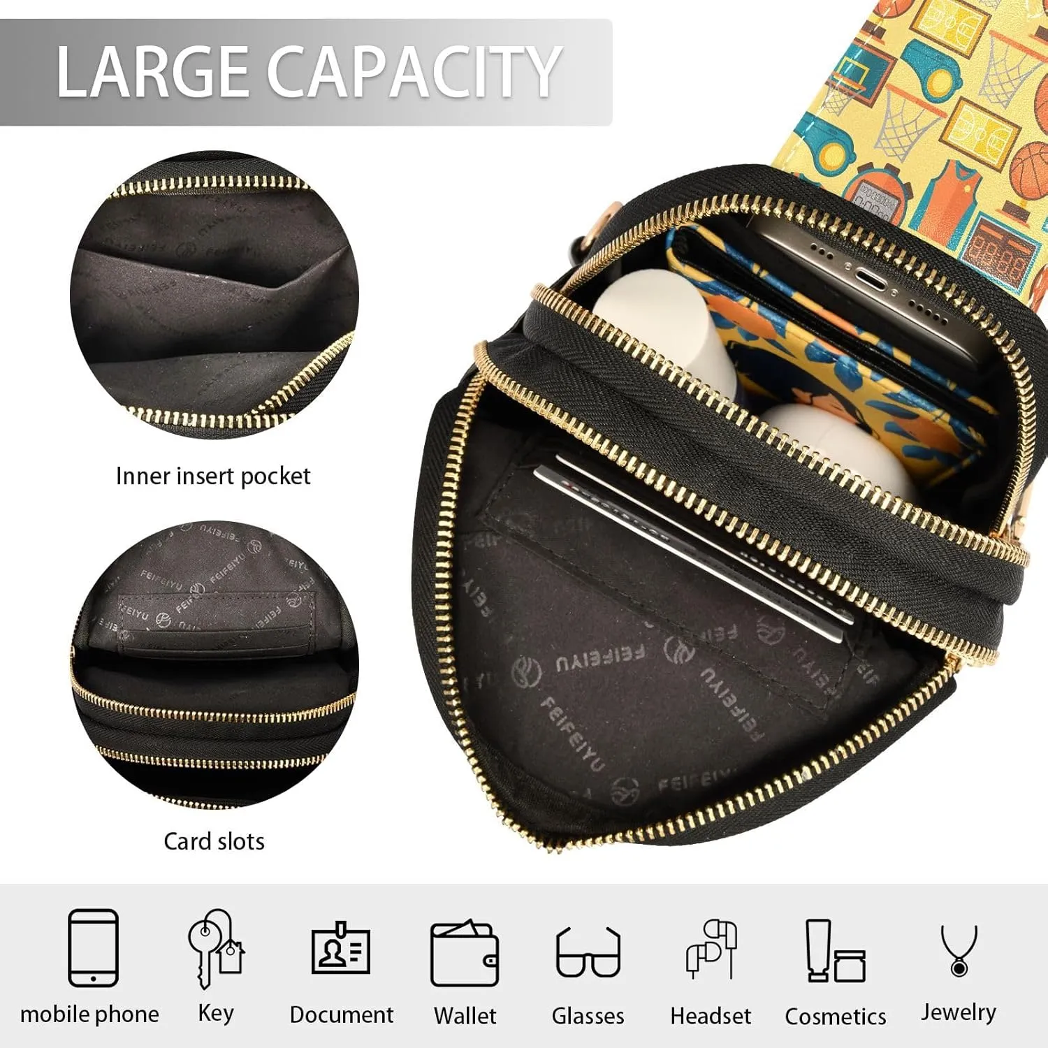 Small Sling Bag for Women Sports Pattern with Basketball Leather Fanny Pack Crossbody Bag Retro Style Chest Bag Trendy Fashion Waist Packs for Outdoor Travel Sports Hiking Outfit