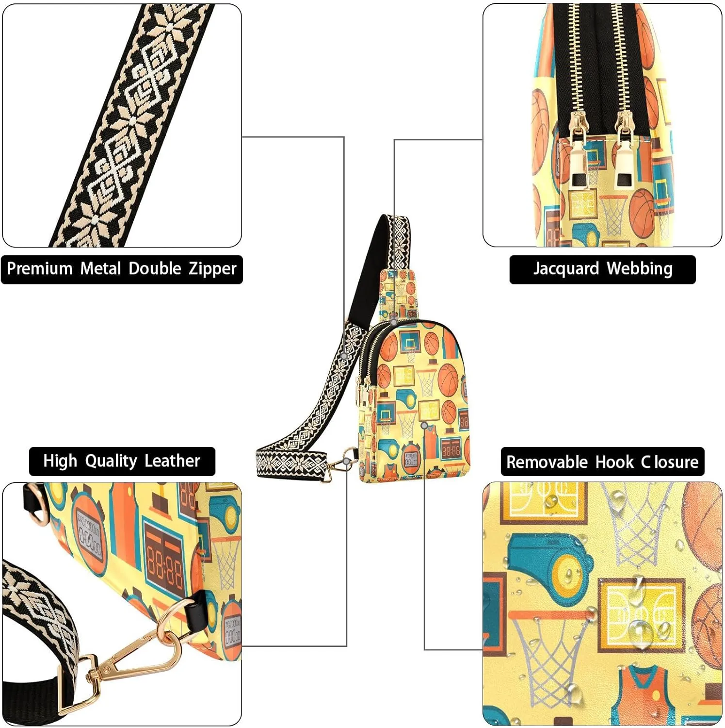 Small Sling Bag for Women Sports Pattern with Basketball Leather Fanny Pack Crossbody Bag Retro Style Chest Bag Trendy Fashion Waist Packs for Outdoor Travel Sports Hiking Outfit
