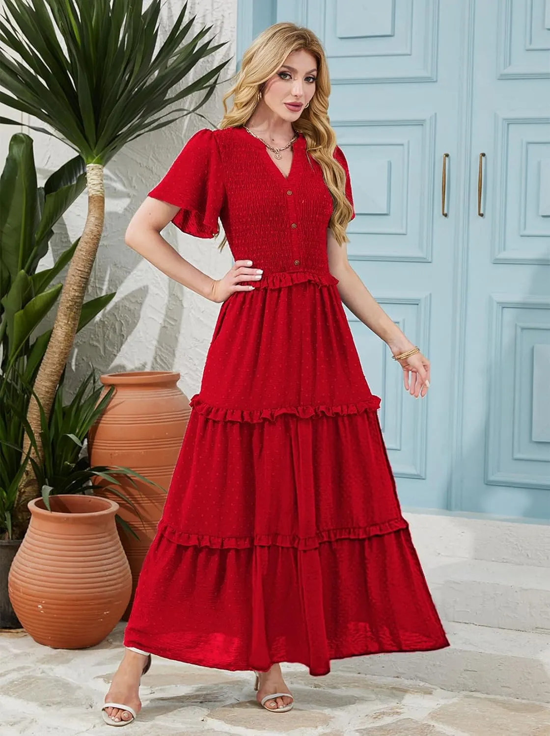 Soinku Women 2025 Summer Casual Maxi Dress Flutter Short Sleeve Swiss Dot Smocked Tiered Flowy Boho Long Dresses with Pockets