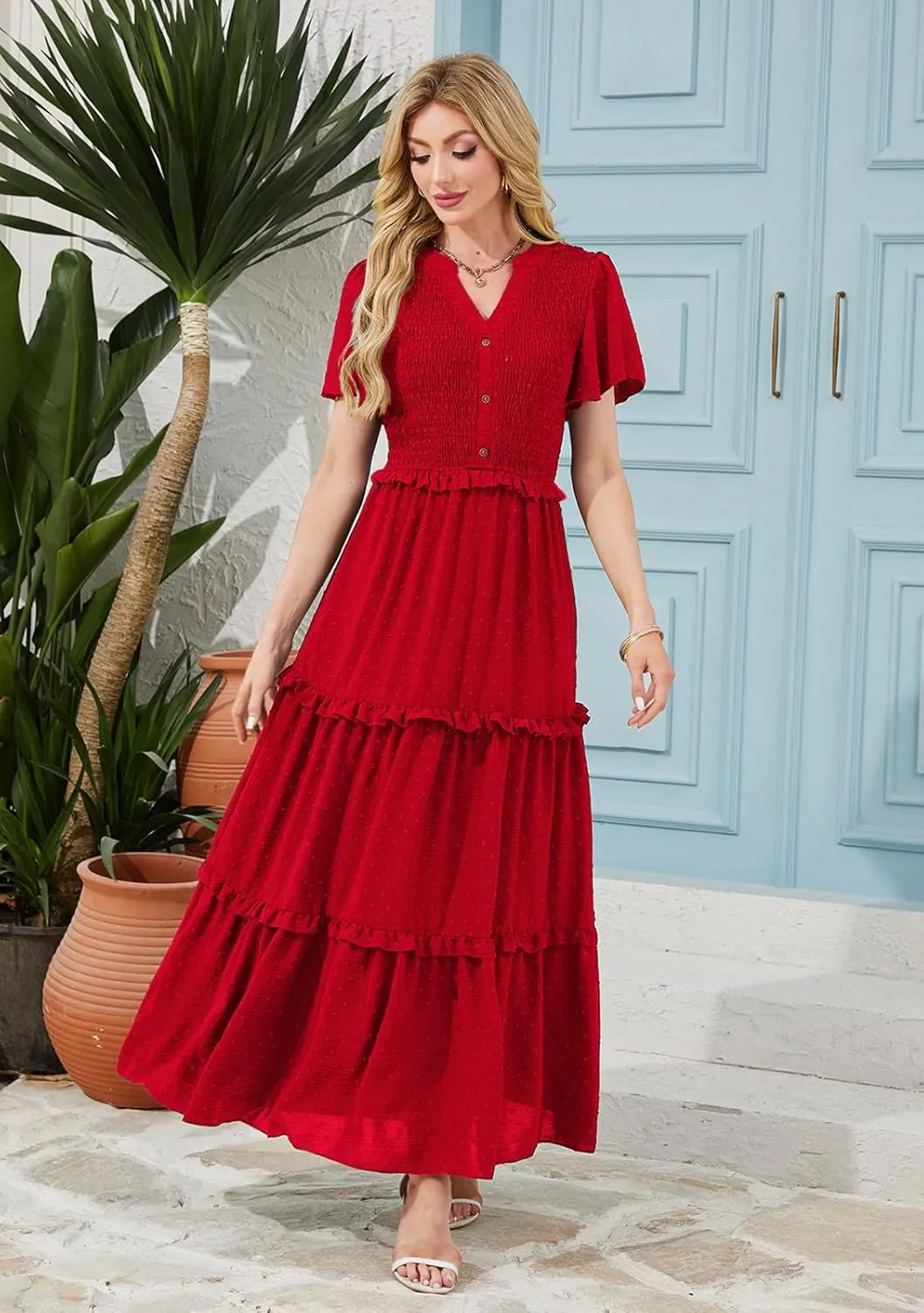 Soinku Women 2025 Summer Casual Maxi Dress Flutter Short Sleeve Swiss Dot Smocked Tiered Flowy Boho Long Dresses with Pockets