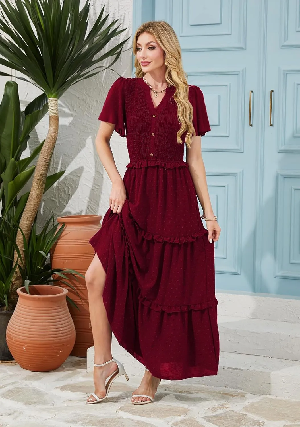Soinku Women 2025 Summer Casual Maxi Dress Flutter Short Sleeve Swiss Dot Smocked Tiered Flowy Boho Long Dresses with Pockets