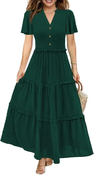Soinku Women 2025 Summer Casual Maxi Dress Flutter Short Sleeve Swiss Dot Smocked Tiered Flowy Boho Long Dresses with Pockets