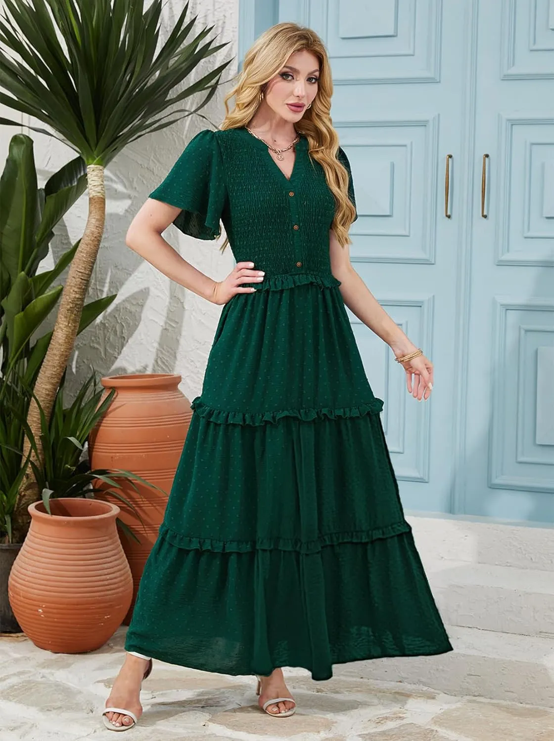 Soinku Women 2025 Summer Casual Maxi Dress Flutter Short Sleeve Swiss Dot Smocked Tiered Flowy Boho Long Dresses with Pockets