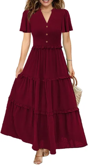 Soinku Women 2025 Summer Casual Maxi Dress Flutter Short Sleeve Swiss Dot Smocked Tiered Flowy Boho Long Dresses with Pockets