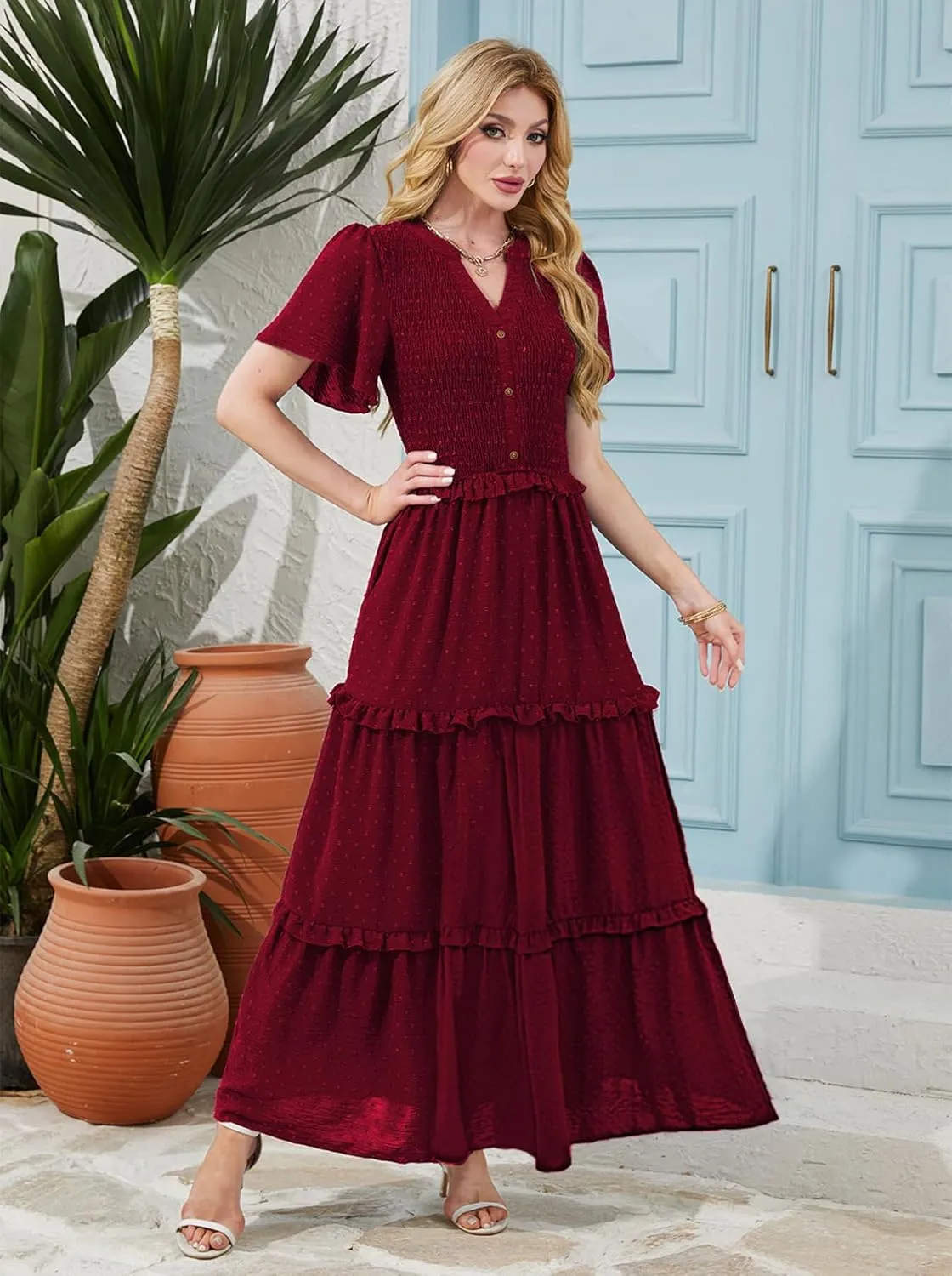 Soinku Women 2025 Summer Casual Maxi Dress Flutter Short Sleeve Swiss Dot Smocked Tiered Flowy Boho Long Dresses with Pockets