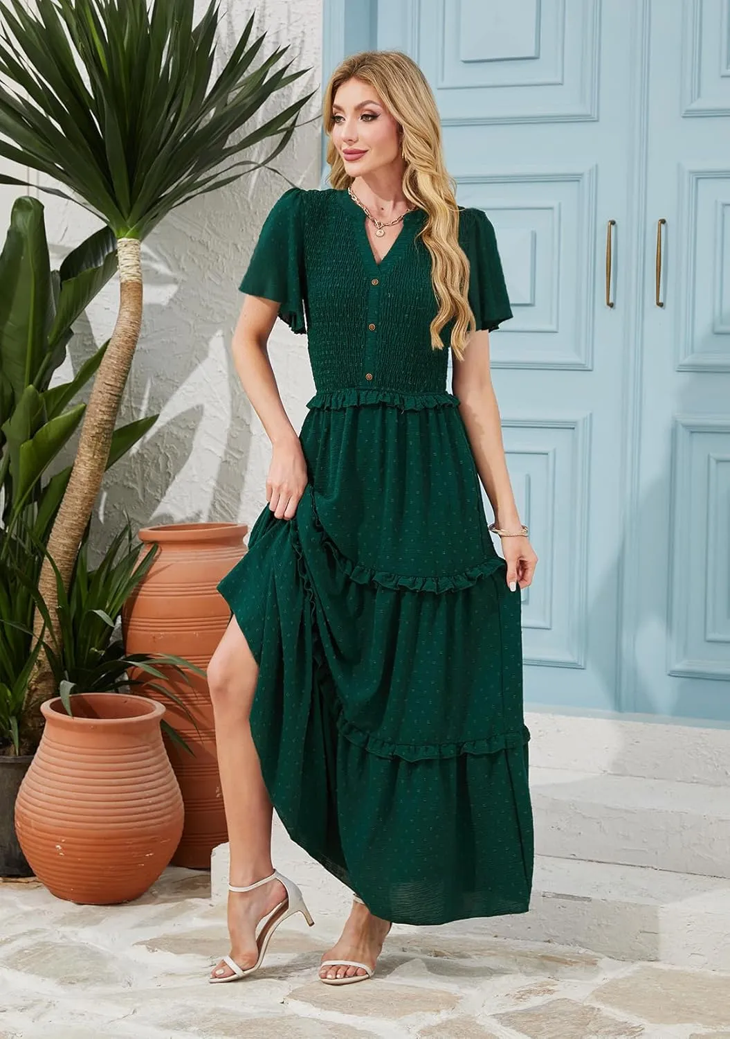 Soinku Women 2025 Summer Casual Maxi Dress Flutter Short Sleeve Swiss Dot Smocked Tiered Flowy Boho Long Dresses with Pockets