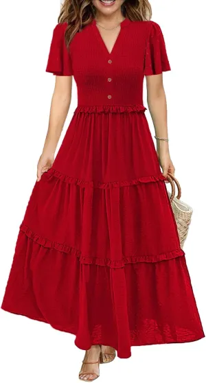 Soinku Women 2025 Summer Casual Maxi Dress Flutter Short Sleeve Swiss Dot Smocked Tiered Flowy Boho Long Dresses with Pockets
