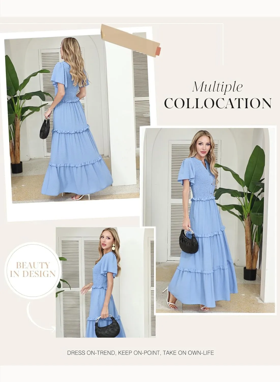 Soinku Women 2025 Summer Casual Maxi Dress Flutter Short Sleeve Swiss Dot Smocked Tiered Flowy Boho Long Dresses with Pockets