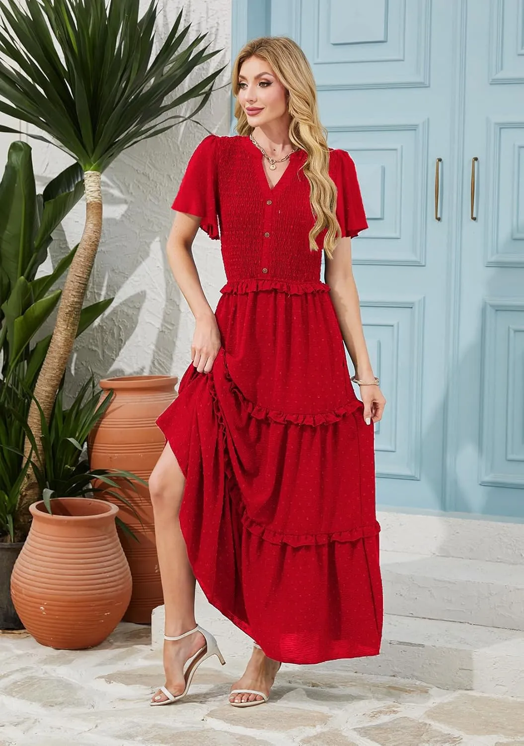 Soinku Women 2025 Summer Casual Maxi Dress Flutter Short Sleeve Swiss Dot Smocked Tiered Flowy Boho Long Dresses with Pockets