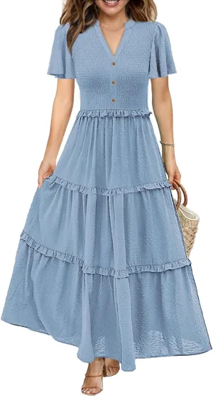 Soinku Women 2025 Summer Casual Maxi Dress Flutter Short Sleeve Swiss Dot Smocked Tiered Flowy Boho Long Dresses with Pockets