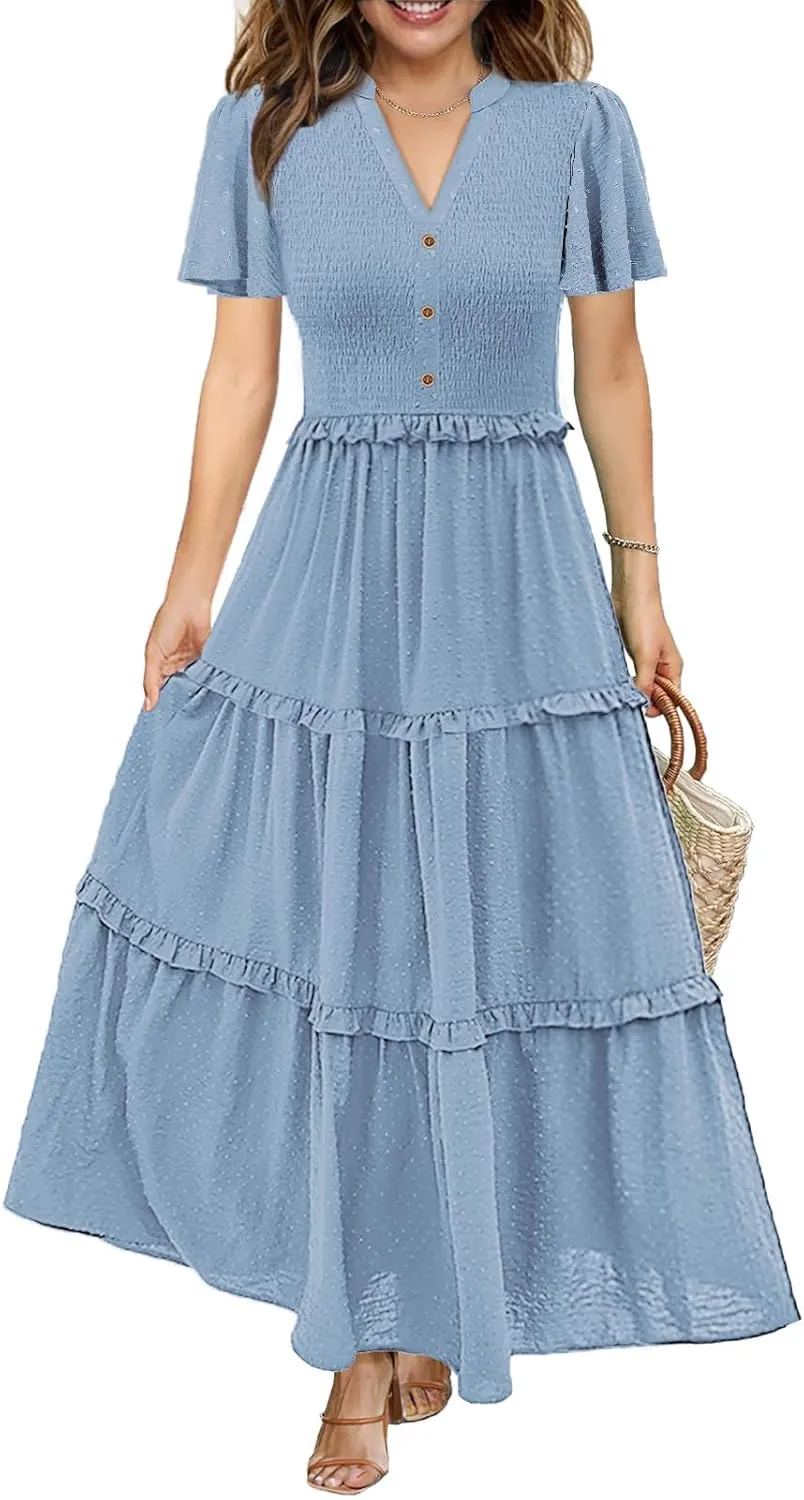 Soinku Women 2025 Summer Casual Maxi Dress Flutter Short Sleeve Swiss Dot Smocked Tiered Flowy Boho Long Dresses with Pockets