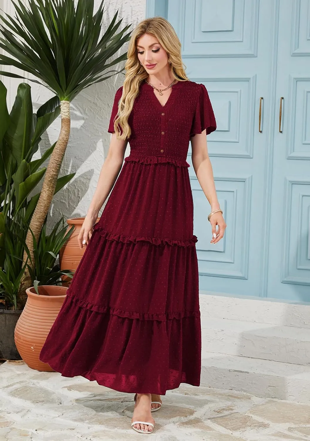 Soinku Women 2025 Summer Casual Maxi Dress Flutter Short Sleeve Swiss Dot Smocked Tiered Flowy Boho Long Dresses with Pockets