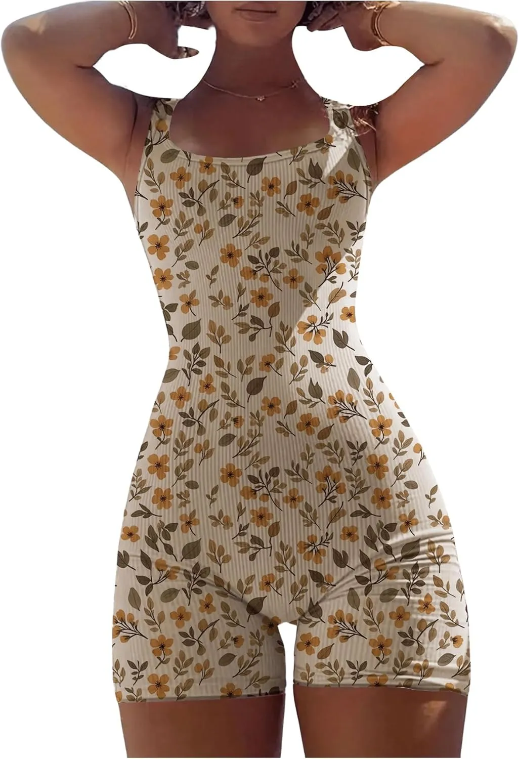 SOLY HUX Women's Floral Romper Scoop Neck Sleeveless Bodycon Short Jumpsuit Sports Outdoor Rompers