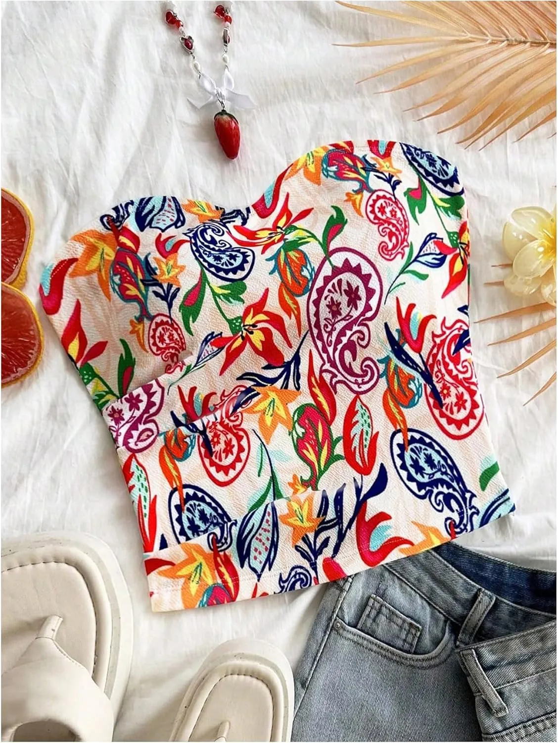 SOLY HUX Women's Plus Size Tube Top Paisley Print Strapless Sleeveless Summer Bandeau Crop Tops