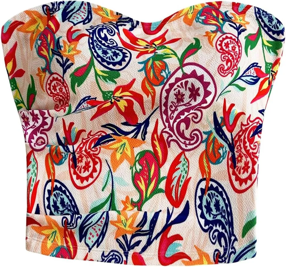 SOLY HUX Women's Plus Size Tube Top Paisley Print Strapless Sleeveless Summer Bandeau Crop Tops