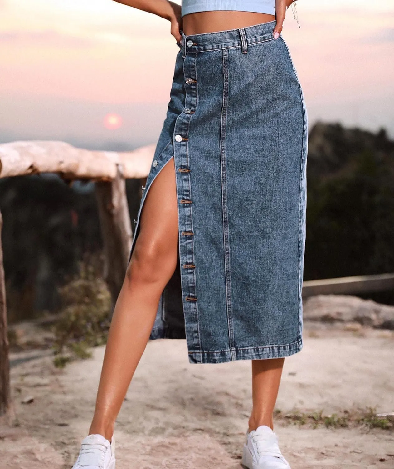 SOMTHRON Women's Retro Elastic High Waist Frayed Hem A-Line Distressed Maxi Long Denim Skirt Plus Size