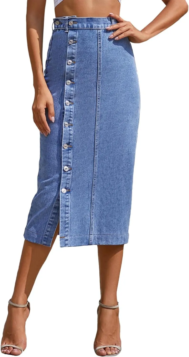 SOMTHRON Women's Retro Elastic High Waist Frayed Hem A-Line Distressed Maxi Long Denim Skirt Plus Size