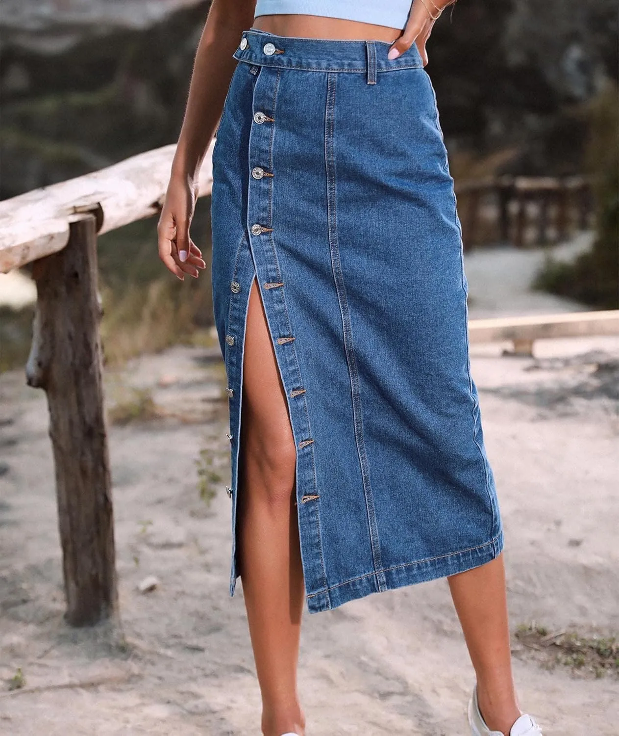SOMTHRON Women's Retro Elastic High Waist Frayed Hem A-Line Distressed Maxi Long Denim Skirt Plus Size
