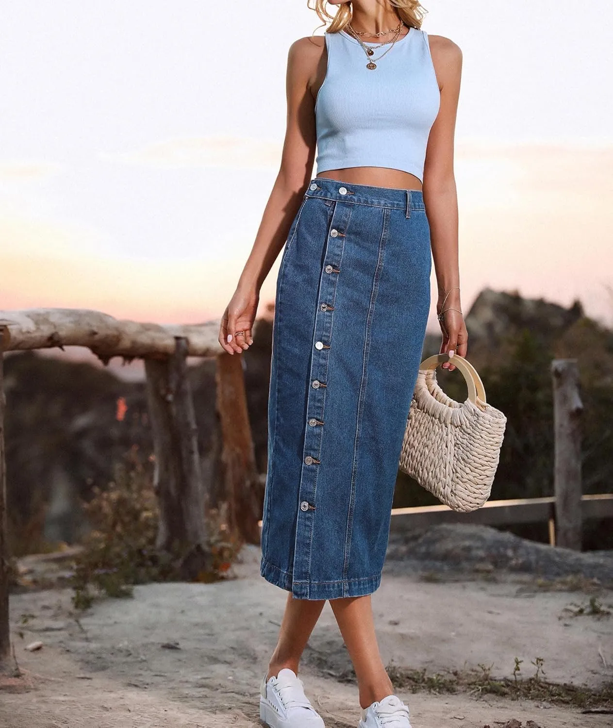 SOMTHRON Women's Retro Elastic High Waist Frayed Hem A-Line Distressed Maxi Long Denim Skirt Plus Size