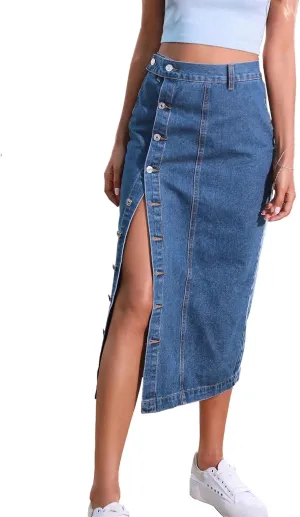 SOMTHRON Women's Retro Elastic High Waist Frayed Hem A-Line Distressed Maxi Long Denim Skirt Plus Size