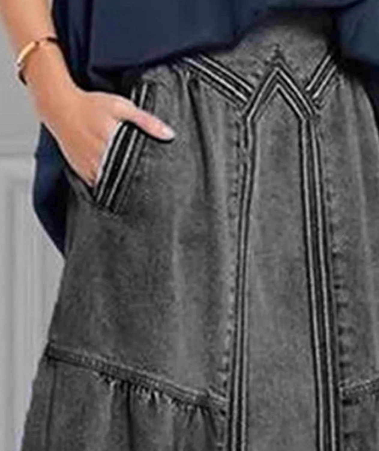 SOMTHRON Women's Retro Elastic High Waist Frayed Hem A-Line Distressed Maxi Long Denim Skirt Plus Size