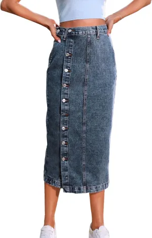 SOMTHRON Women's Retro Elastic High Waist Frayed Hem A-Line Distressed Maxi Long Denim Skirt Plus Size