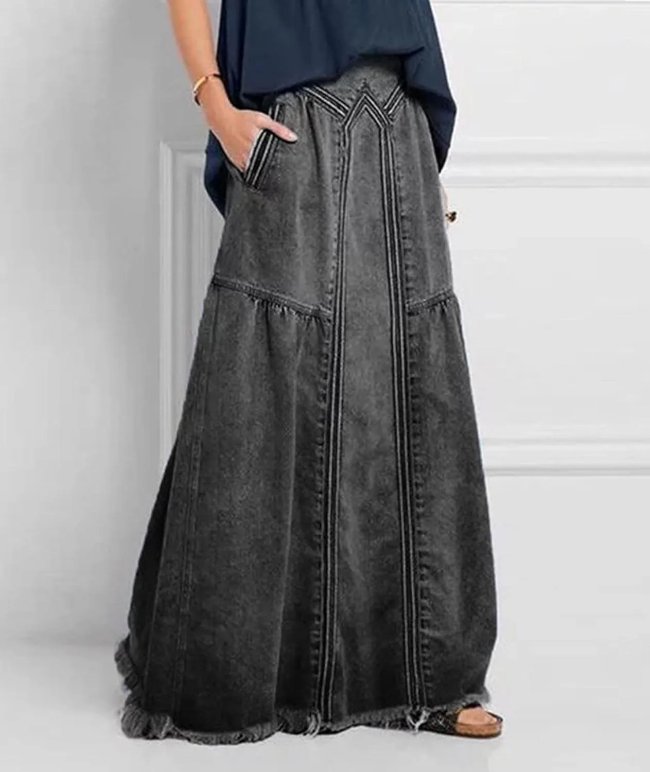 SOMTHRON Women's Retro Elastic High Waist Frayed Hem A-Line Distressed Maxi Long Denim Skirt Plus Size