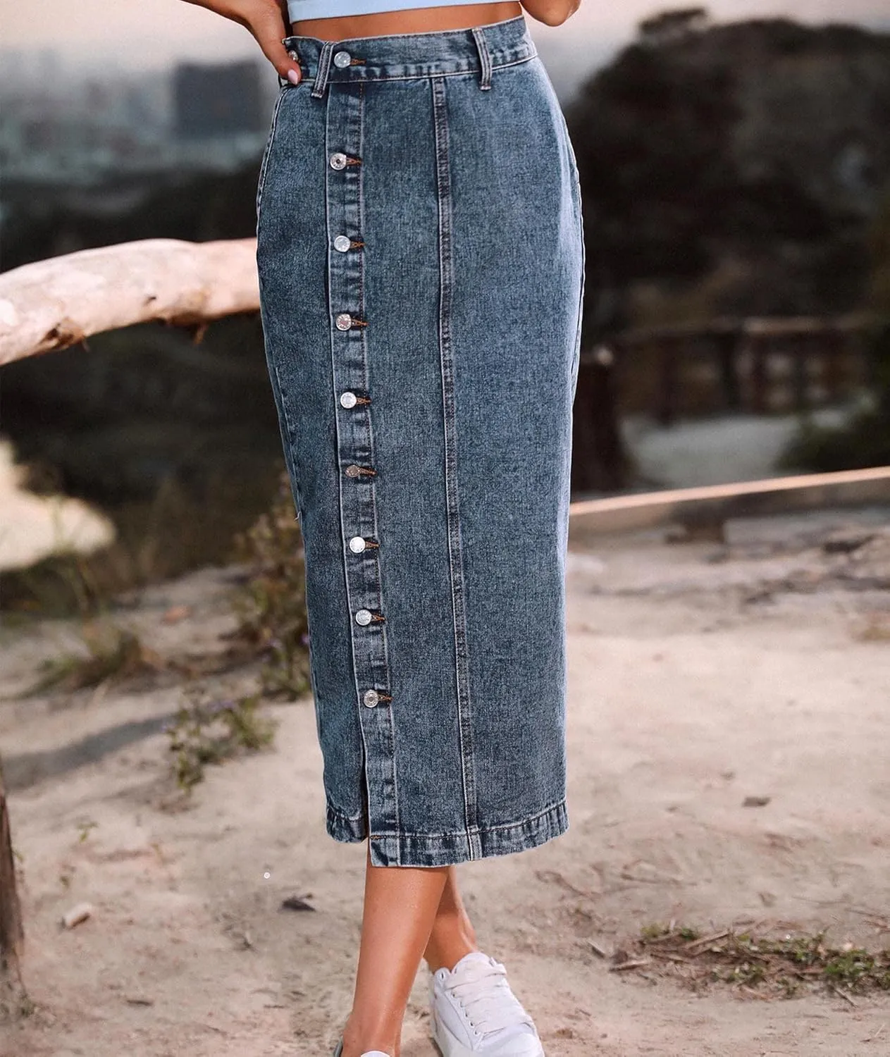 SOMTHRON Women's Retro Elastic High Waist Frayed Hem A-Line Distressed Maxi Long Denim Skirt Plus Size