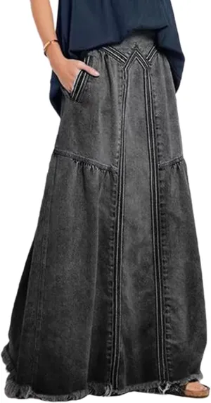 SOMTHRON Women's Retro Elastic High Waist Frayed Hem A-Line Distressed Maxi Long Denim Skirt Plus Size