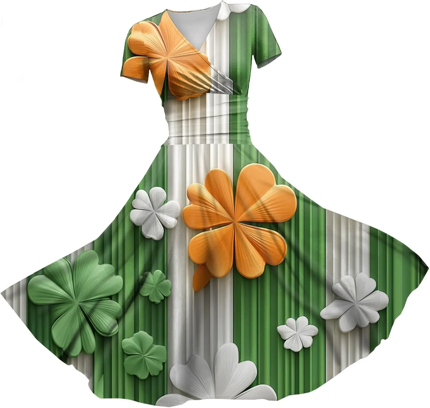 St Patrick's Day Dress Ladies Loose Short Sleeve V Neck Princess Pulled Ruffle Waist Drawstring Shamrock Print Dresses