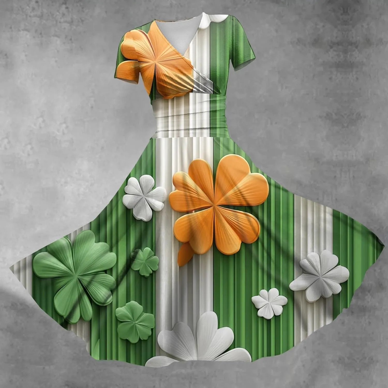 St Patrick's Day Dress Ladies Loose Short Sleeve V Neck Princess Pulled Ruffle Waist Drawstring Shamrock Print Dresses