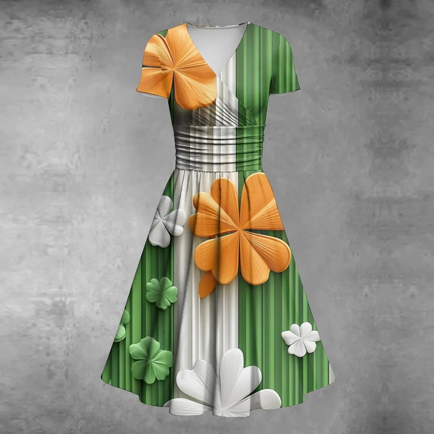 St Patrick's Day Dress Ladies Loose Short Sleeve V Neck Princess Pulled Ruffle Waist Drawstring Shamrock Print Dresses