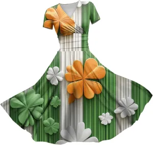 St Patrick's Day Dress Ladies Loose Short Sleeve V Neck Princess Pulled Ruffle Waist Drawstring Shamrock Print Dresses