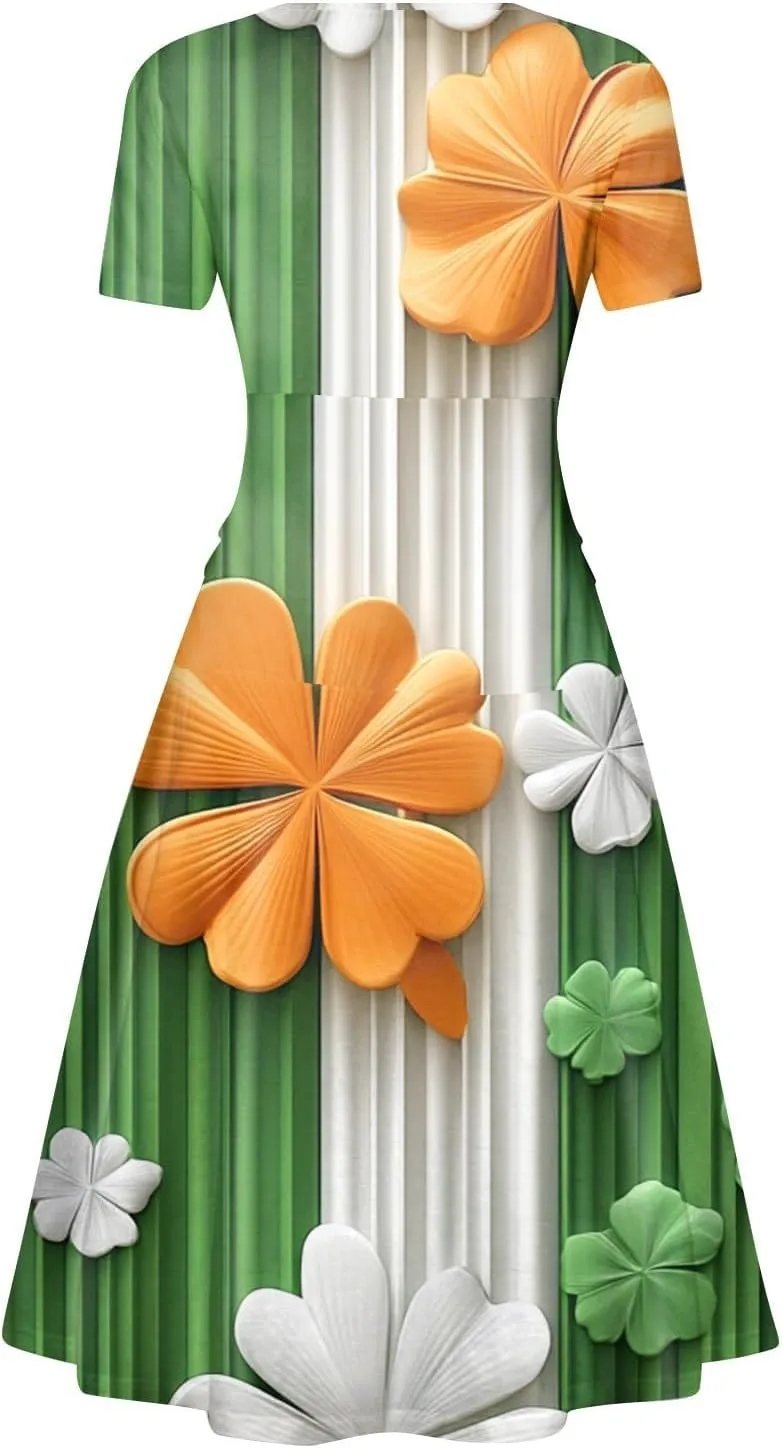 St Patrick's Day Dress Ladies Loose Short Sleeve V Neck Princess Pulled Ruffle Waist Drawstring Shamrock Print Dresses