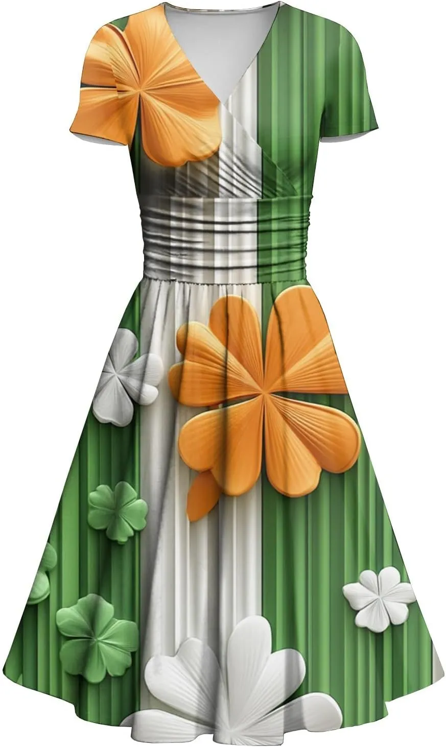 St Patrick's Day Dress Ladies Loose Short Sleeve V Neck Princess Pulled Ruffle Waist Drawstring Shamrock Print Dresses
