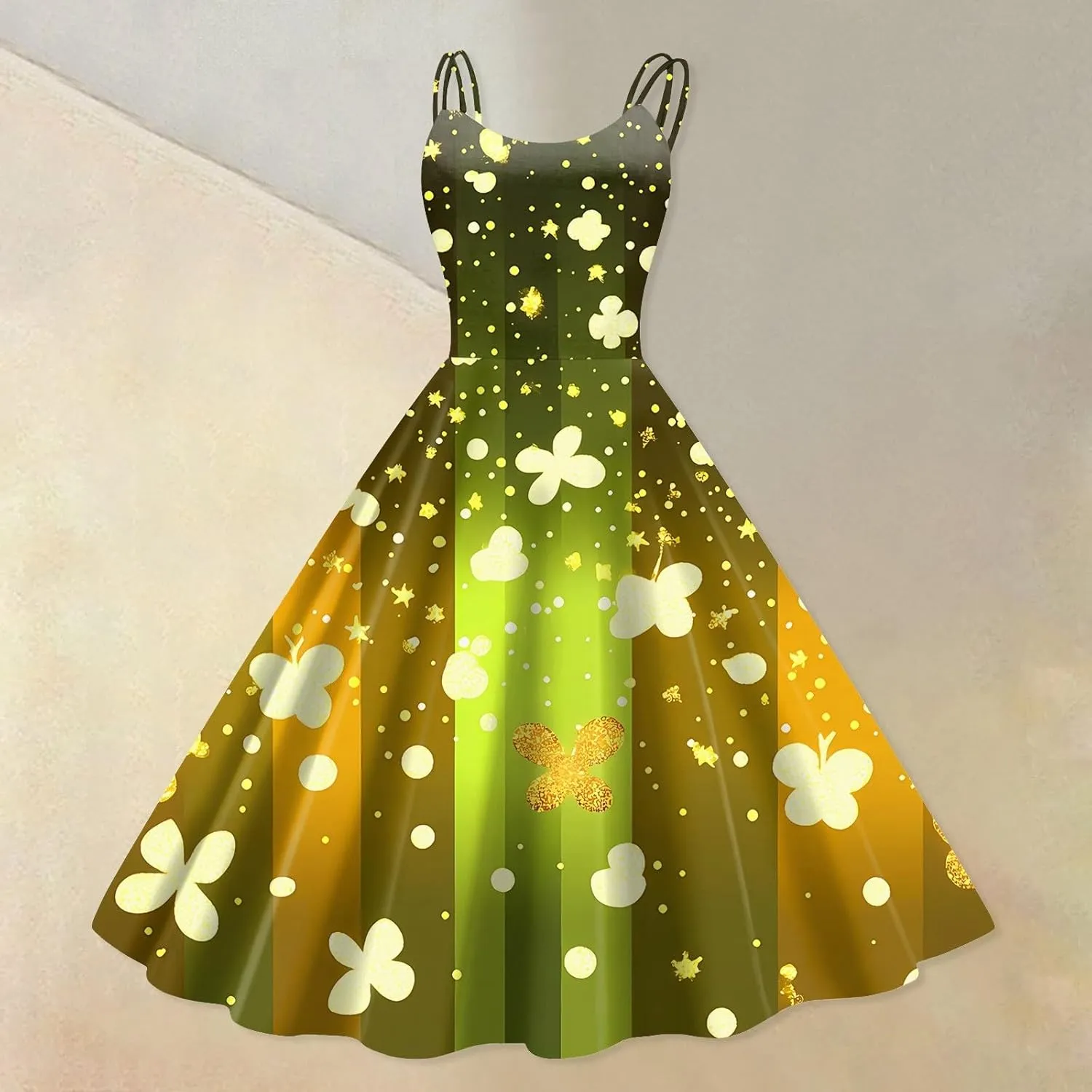St Patrick's Day Dress Womens Loose Off Shoulder Vintage Sleeveless Midi A-Line Shamrock Print Swing Dresses