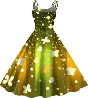 St Patrick's Day Dress Womens Loose Off Shoulder Vintage Sleeveless Midi A-Line Shamrock Print Swing Dresses